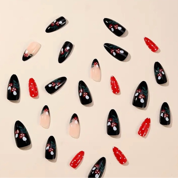 24 Piece Med Length Almond Shape Stick-on Nails, Glossy Mushroom & Dot Design - Picture 6 of 6